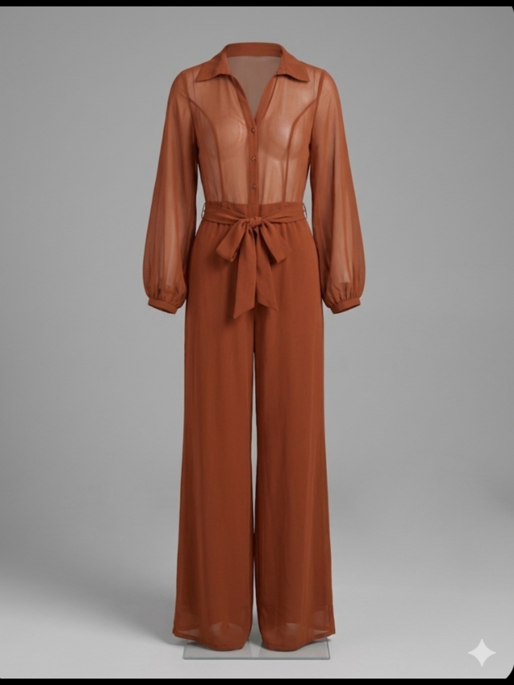 Fashion Nova Sheer Sleeve Tie-Waist Jumpsuit - Rust XL